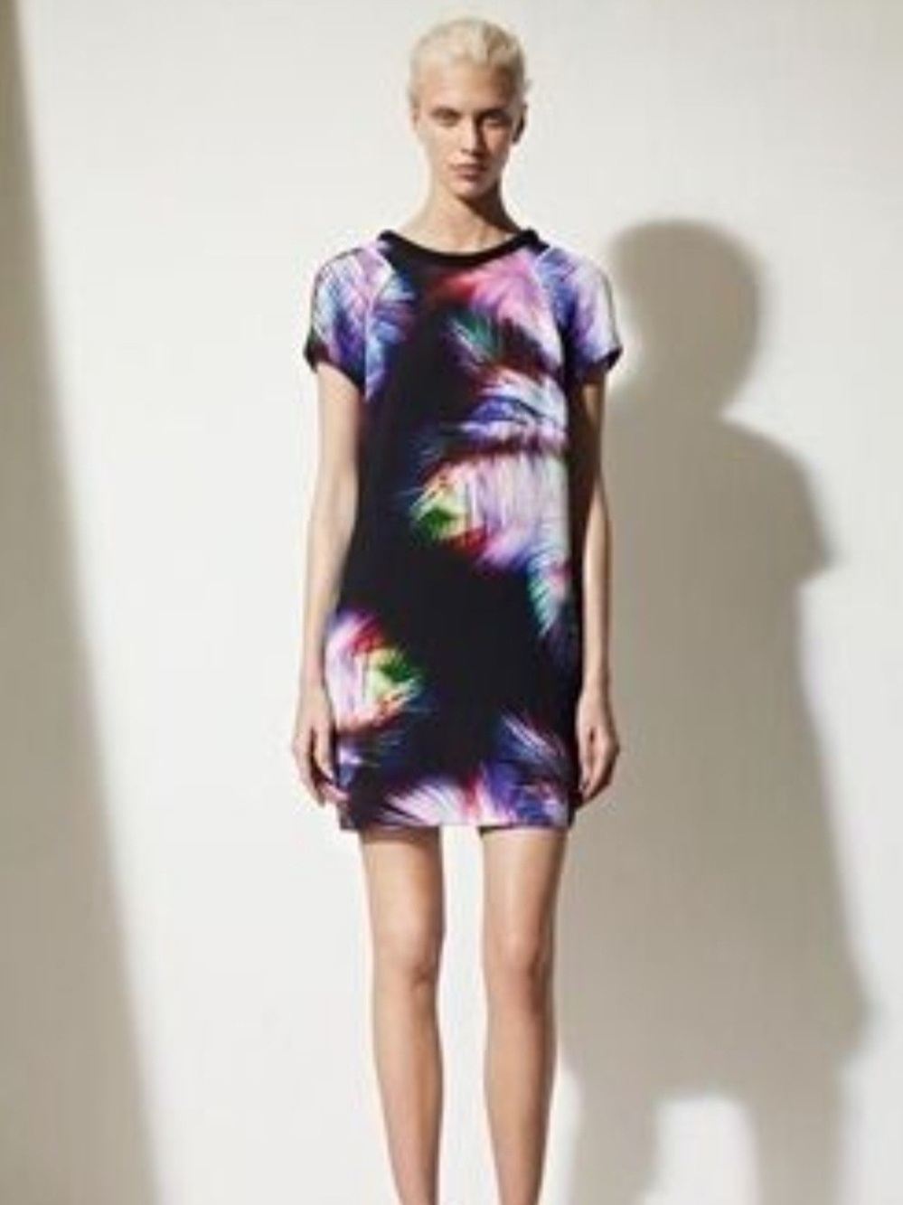 Sandro Black Mini Dress with Multicolor Feather Print